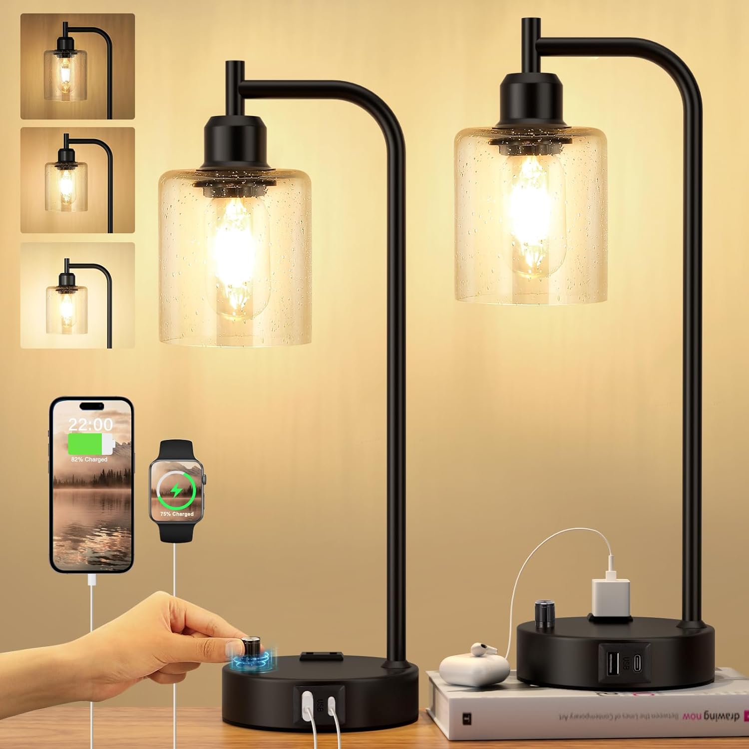 Industrial Table Lamps for Bedrooms Set of 2